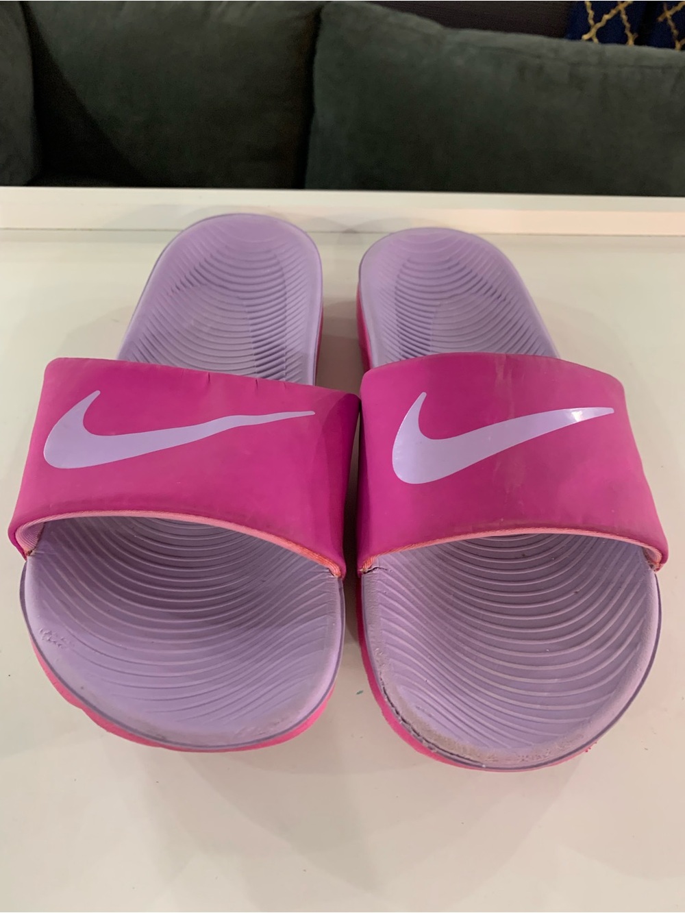 Nike Pink and Lavender Slide Sandals with White Swoosh